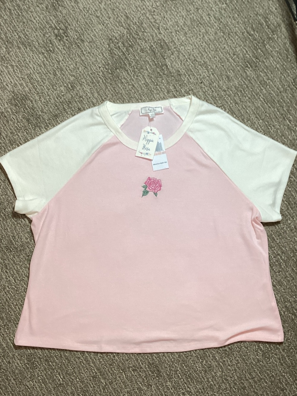 Hippie Rose Light Pink Tee with Cream Neckline and Rose Embroidery